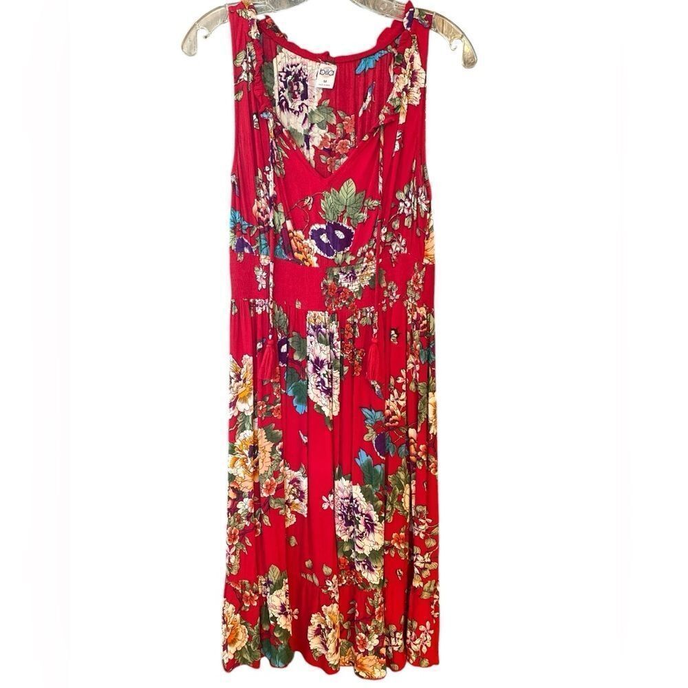 Bila Sz M Red Cotton Flowy Relaxed Stretch Tropical Beach Boho MIDI Dress